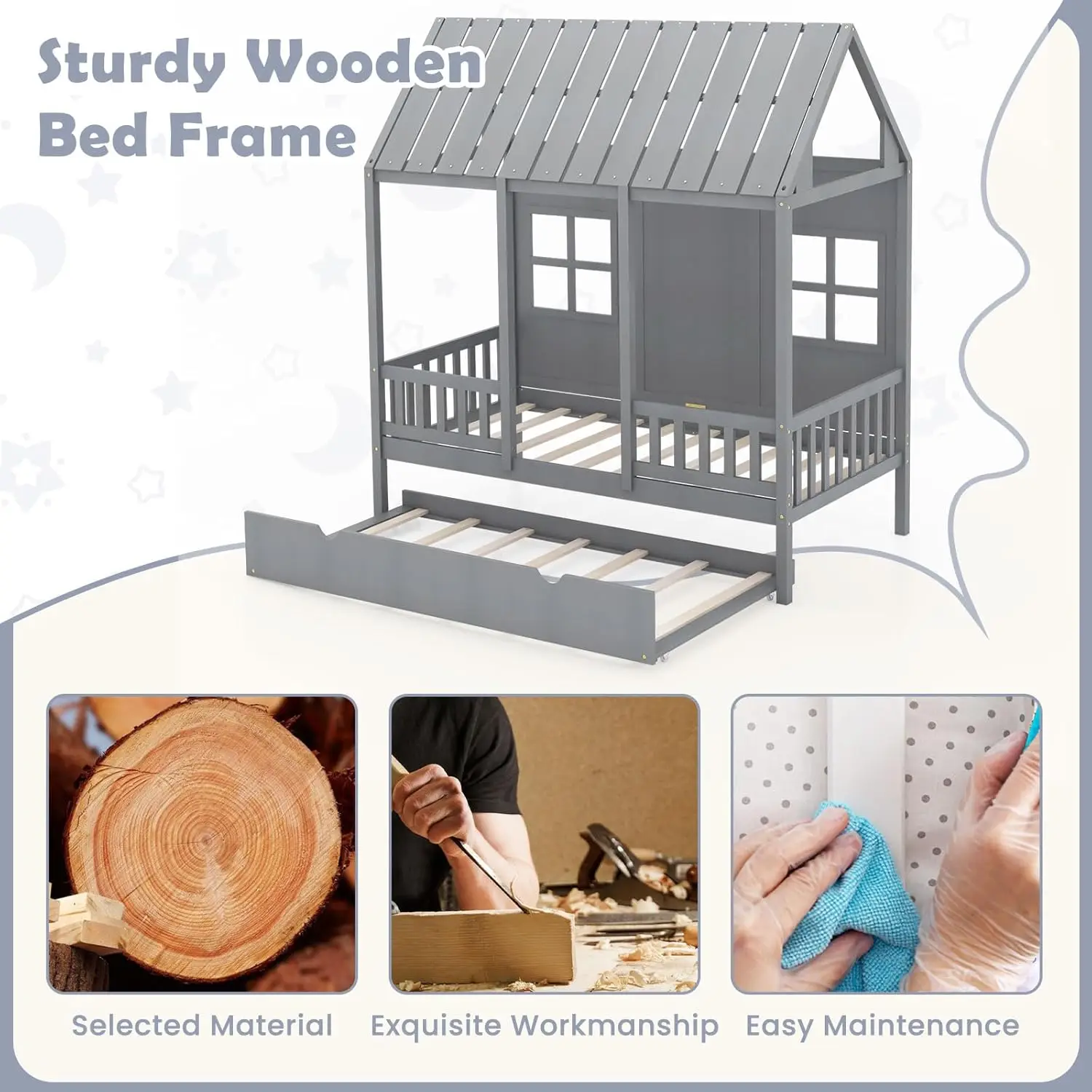 Twin House Bed with Trundle Kids Bed Frame with 82" Tall Roof Windows and Guardrail Wooden Playhouse for Teens