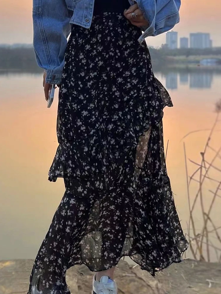 

Юбка-миди женская трапециевидная с высокой талией и цветочным принтом