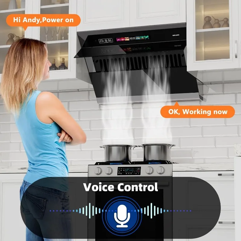 BRANO Range Hood 30 inch with 900CFM, Voice/Gesture Sensing/Touch Control Panel, Unique Side-Draft Design Under Cabinet Modern