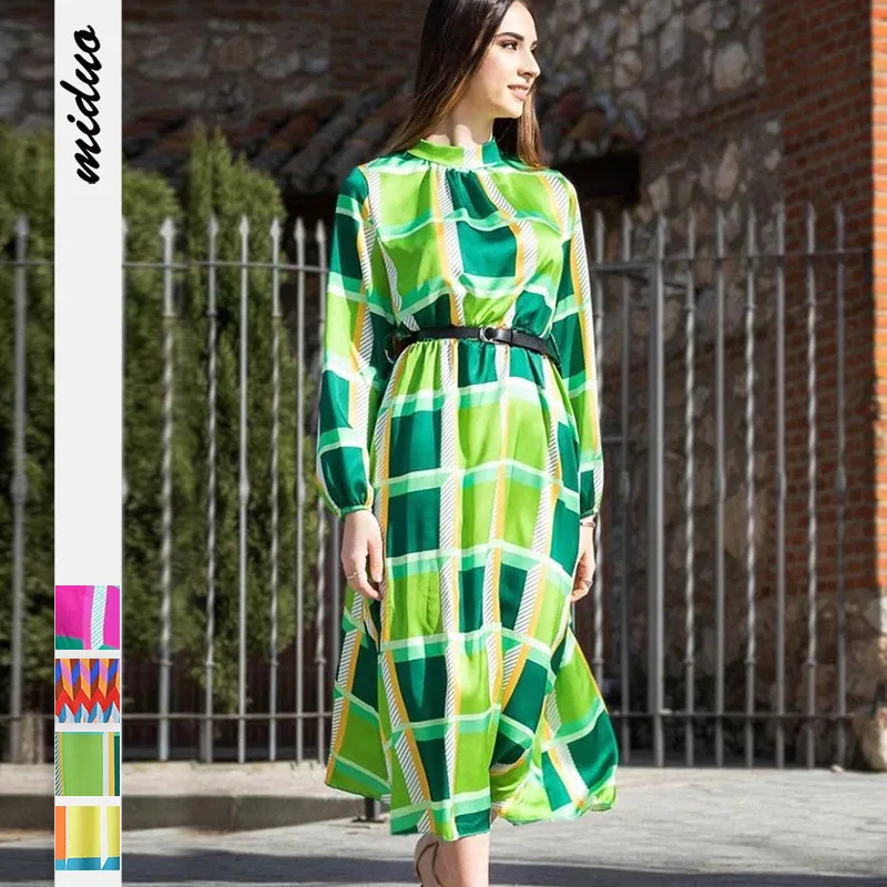 

Autumn Fashion New Women's Bohemian Style Long-Sleeved Dress Creative Geometric Colorblocking Printing Mid-Length Trend Skirt