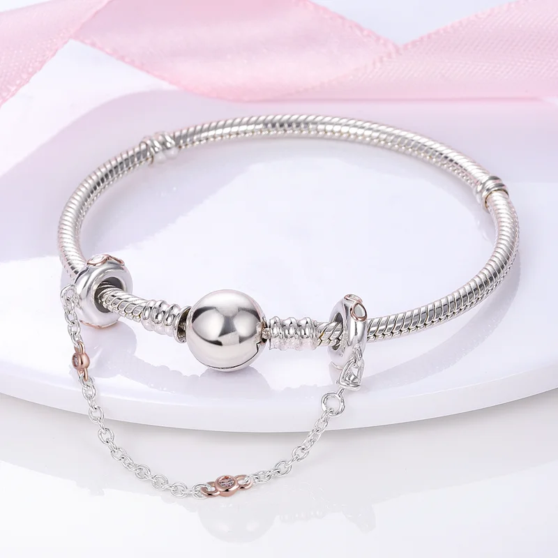 Charm Jewelry 925 Sterling Silver Pav&eacute; Crown O Tree Safety Chain Bead Bracelet DIY Women Gift
