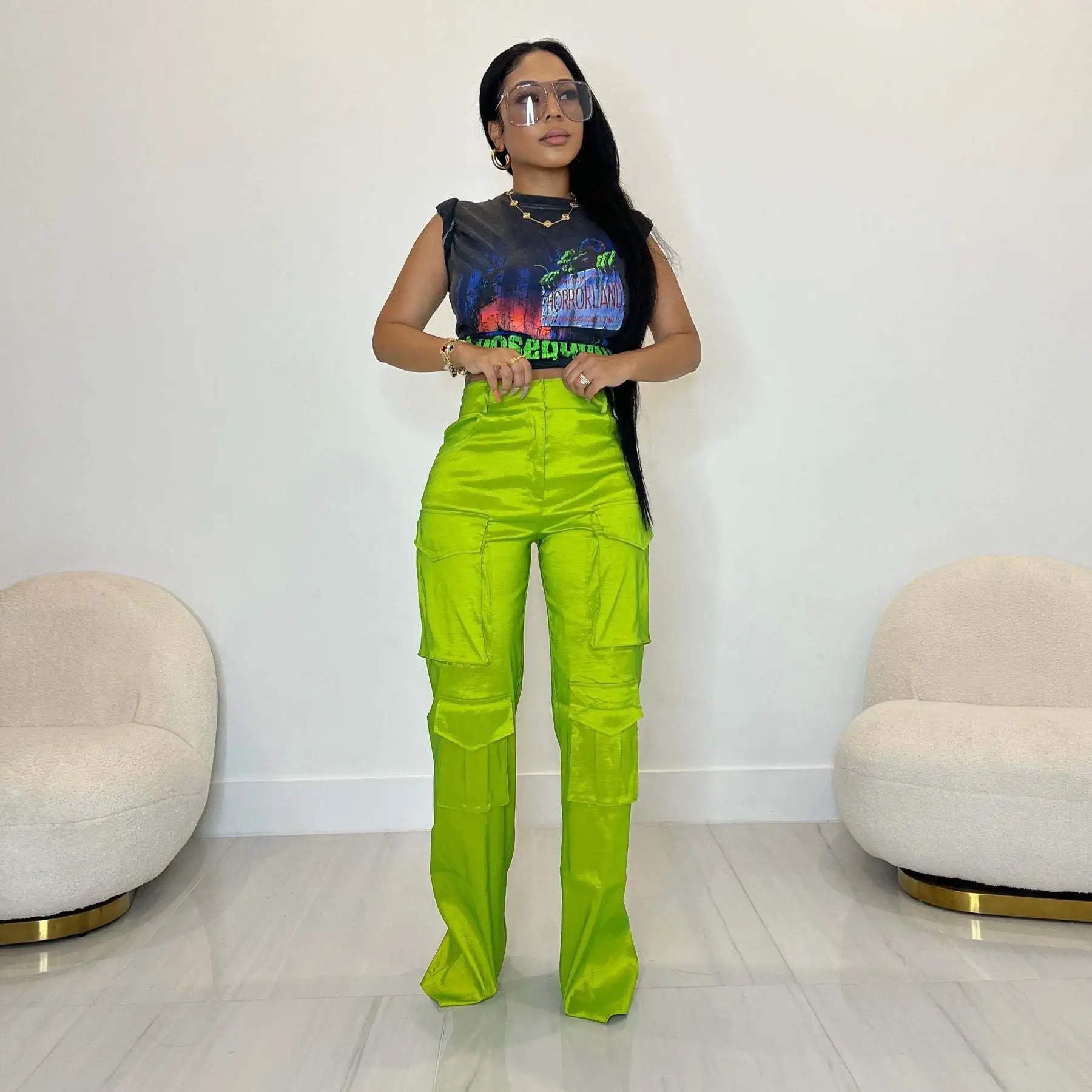 Fashion Women's Multi-Pocket Overalls Casual Solid Color High-Waisted Straight-Leg Stretch Trousers Candy Color Wide-Leg Pants