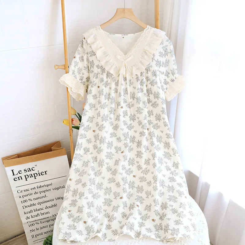 Cotton Nightgown for Girls Summer Thin Lace Night Wear French Style Double-layer Gauze Plus Size Mid-long Nighty for Ladies