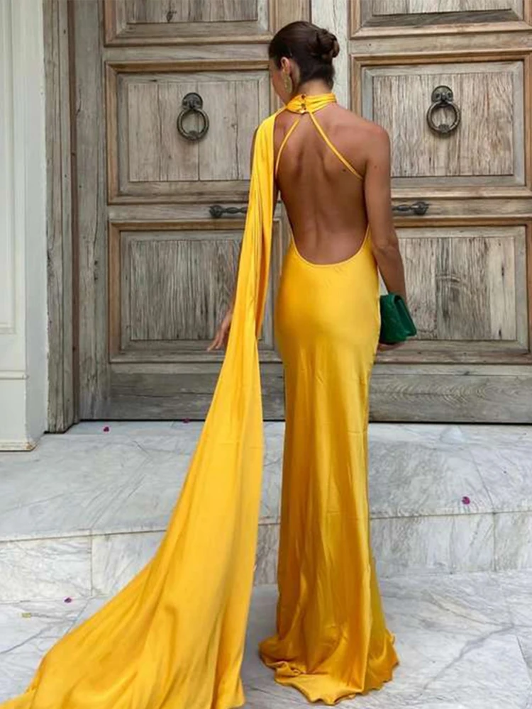 Chic Solid Satin Halter Maxi Dress Women New Sexy Backless Sleeveless Long Dresses With Scarf  Lady Evening Club Party Vestidos 4