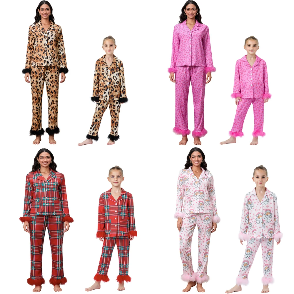 thumbnail image 5 of Conjuntos de pijamas familiares a juego para madre e hija, blusas con ribete de plumas de leopardo, cuadros y Papá Noel + pantalones con cintura elástica, conjuntos de ropa de dormir, 5 of 5