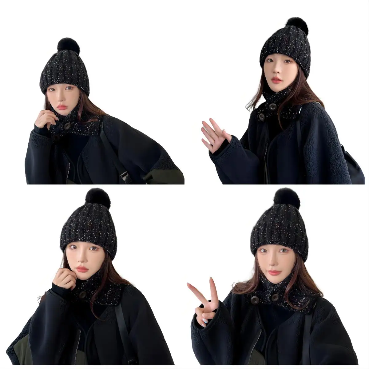 2PCS Set Winter Knitted Hat Snood Collar Two-piece Set Women Warm Scarf Three-piece for Men Beanies Skullies With Pompon