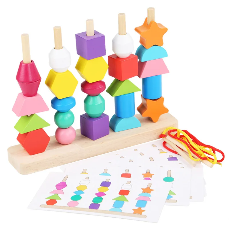 Montessori Wooden Beads Sequencing Toy Set Color Shape Matching Stacking Blocks Lacing Beads Early Educational Toys for Children 4