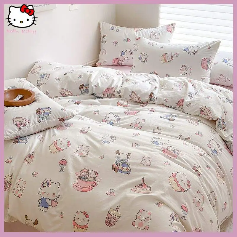 

Sanrioed Hellokittys Bed Four-Piece Bed Set Kawaii Cartoon Anime Bed Sheet Quilt Cover Student Dormitory Home Supplies