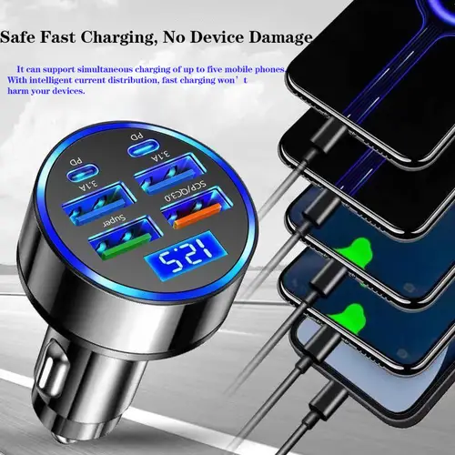 300W 6 Ports Car Charger Fast Charging PD/QC/SCP/FCP/AFC/PSS Car Cigarette Lighter Flash Charge with Digital Display - Image 3