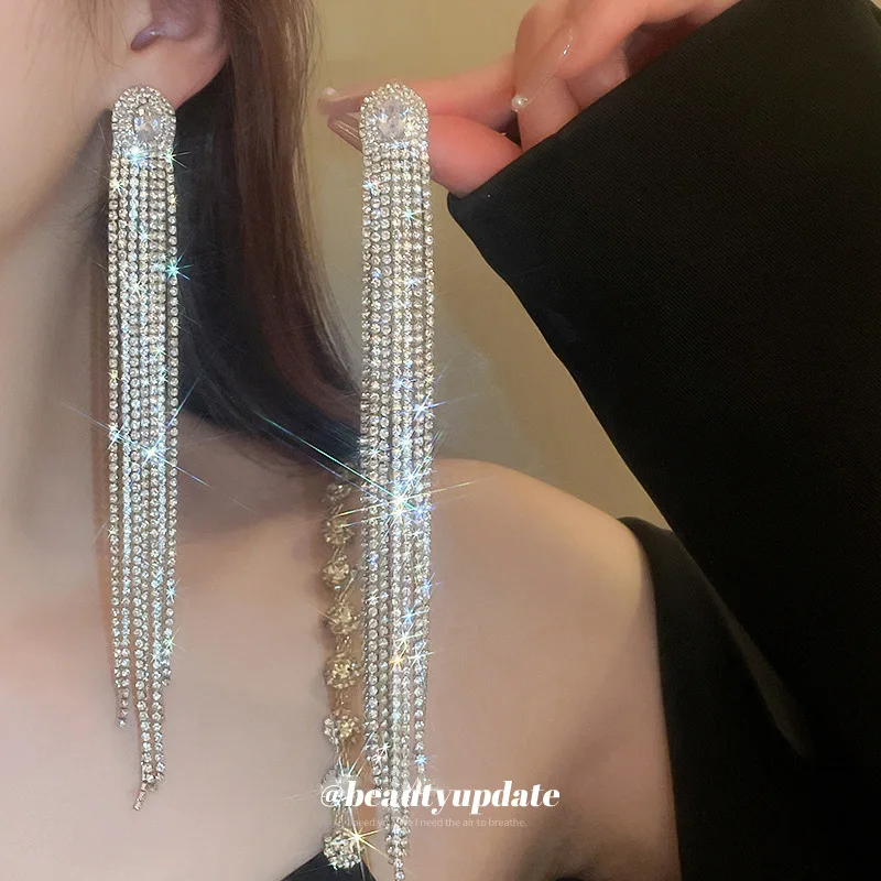 Geometric Long Tassel Crystal Clip on Earrings For Women Silver Gold Color Rhinestone Earring Party Wedding Women's Accessories