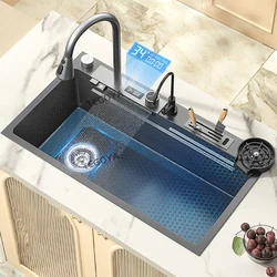 Stainless Steel Kitchen Sink Embossed Waterfall Large Single Slot Multifunctional Washbasin Left Water On The Left Side
