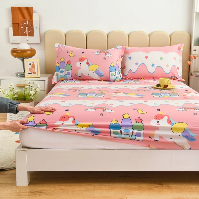 Cartoon Unicorn Printed Cotton Fitted Sheet 3 Pieces Bedding Set for Children's Girls Bed Cover Pink Non-slip Mattress Protector 3
