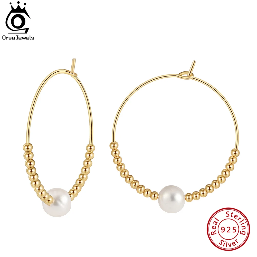 

ORSA JEWELS Fashion 925 14K Gold Bead Hoop Earrings with Natural Freashwater Pearl for Women Vintage Pearls Jewelry GPE79