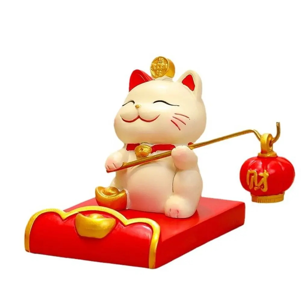 【Stylish】 Figurine Miniature Items Lucky Cat Phone Holder Resin Crafts Exquisite Animal Mobile Phone Stand Realistic Chinese Style.