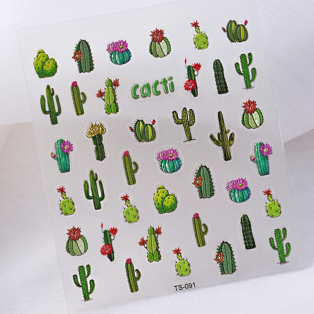 Green Colored Vivid Cactus Succulents Plants Series 3D Self Adhesive Nail Art Decoration Sticker DIY Manicure Decals Woman