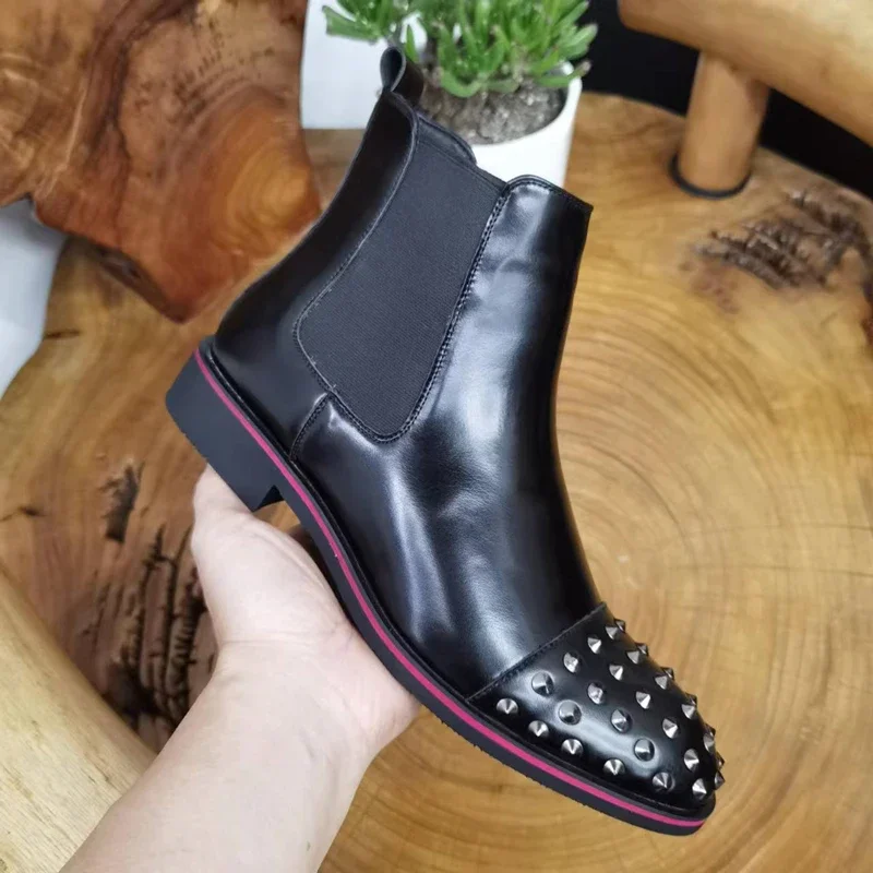 Chelsea Boots Black Rivet Punk Square Toe Slip-On Handmade Low-heeled Men Boots Business Men Shoes