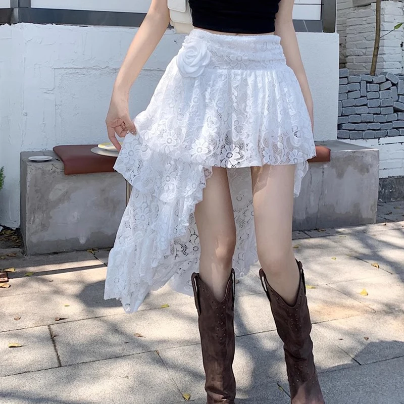 Summer Women High Waist Irregular Cake Long Skirt Lace Skirt