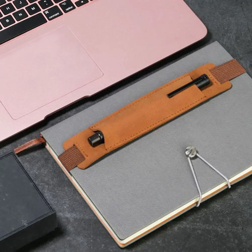 1pc Vintage Pu Leather Pencil Case Book Notebook Rubber Band Pen Clip Portable Office Meeting Laptop Pen Holder