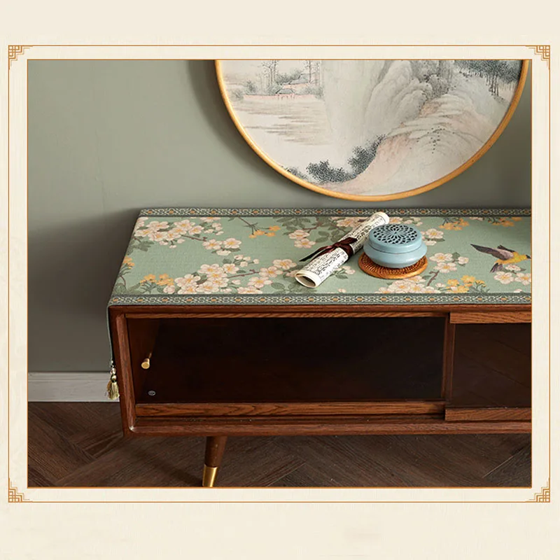 Green Flower Pattern TV Cabinet Dust-Proof Cloth Retro Tassel Tea Table Dining Room Runner Traditional Chinese Style |