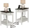 Farmhouse End Tables Living Room Set of 2, Narrow Side Table with Charging Station, White Sofa Bedside 1