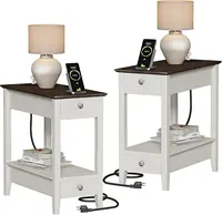 Farmhouse End Tables Living Room Set of 2, Narrow Side Table with Charging Station, White Sofa Bedside 1