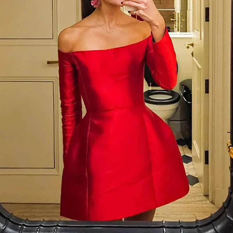 

Elegant Slash Neck Long Sleeved Party Dress 2024 New Women Off Shoulder Waist Short Dress Fashion Elegant Party Dress Vestidos