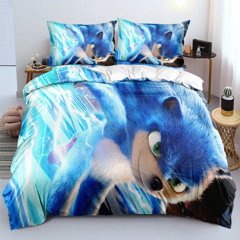 thumbnail image 1 of Juego de ropa de cama con dibujos animados de Sonic The Hedgehog para niños, funda de edredón con estampado 3D de Anime Harajuku y funda de almohada, ropa de cama textil para el hogar, 1 of 5