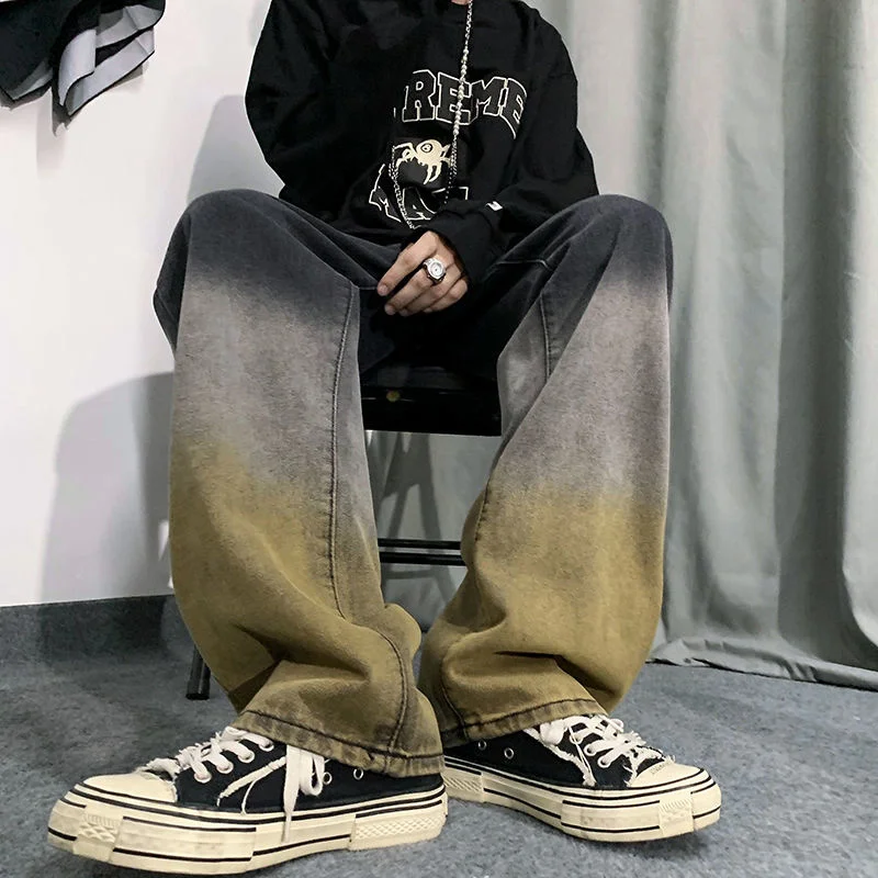 

2022 Men's Gradient Color Baggy Homme Casual Pants Classic Cargo Pocket Jeans Loose Biker Denim Streetwear Trousers Size M-3XL