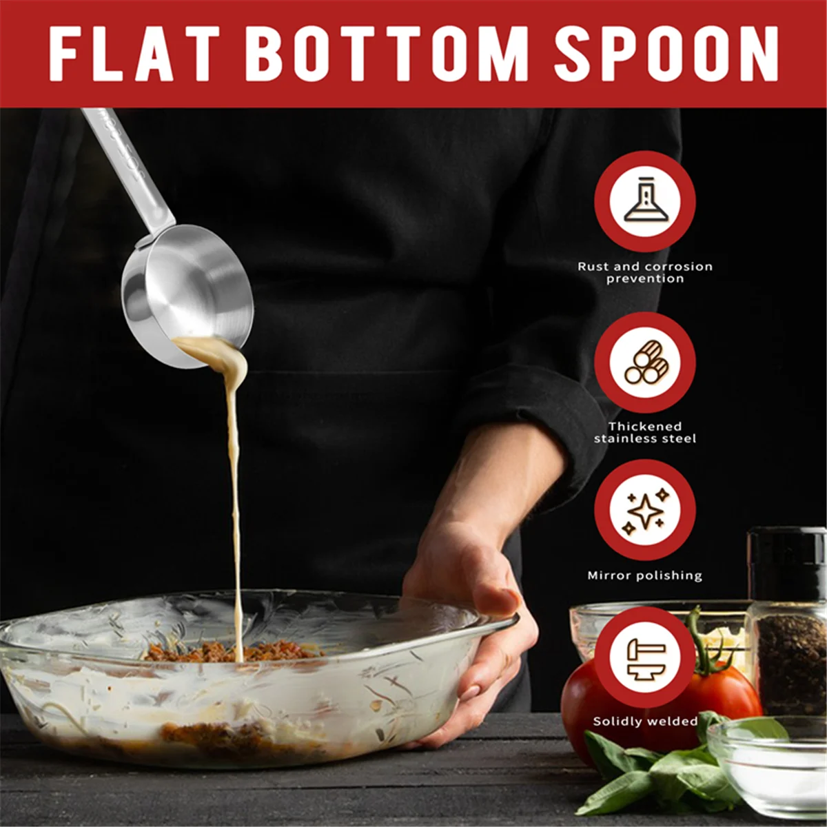 Pizza Spread Sauce Ladle Rubber Handle Flat Bottom Kitchen Cooking Spoon Stainless Steel Measuring Stir Soup Spoon -2 Oz kitchen measuring spoons measuring spoon set stainless steel ladle
