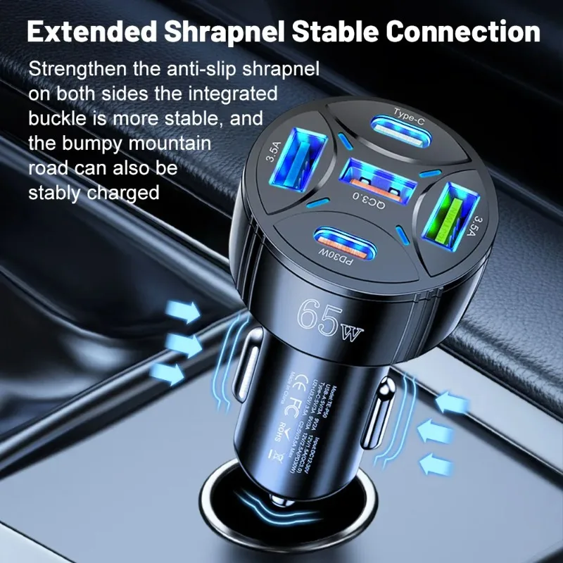 5 Port 65W USB Car Chargers Type C Car Charger Fast Charging PD QC3.0 Phone Charger in Car Cigarette Lighter Flash Charge - 5