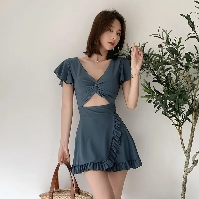 Sexy Solid Color Hollow Short Sleeve Conjoined Body Swimwear Women Slim Ruffles With Chest Pad Versatile Lady Swimsuit 2023