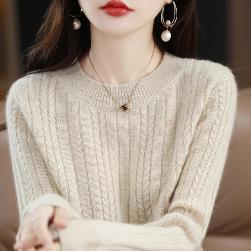 

Fall/Winter 2023 Thickened Wool Sweater Women's Pullover Round Neck Base Layer Twist Sweater Loose Lazy Pure Wool Knit