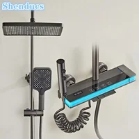 Ambient Lighting Piano Digital Bathroom Shower Set 12 Inch Rain Shower Head Brass Bathroom Faucet Hot Cold Digital Shower System 1
