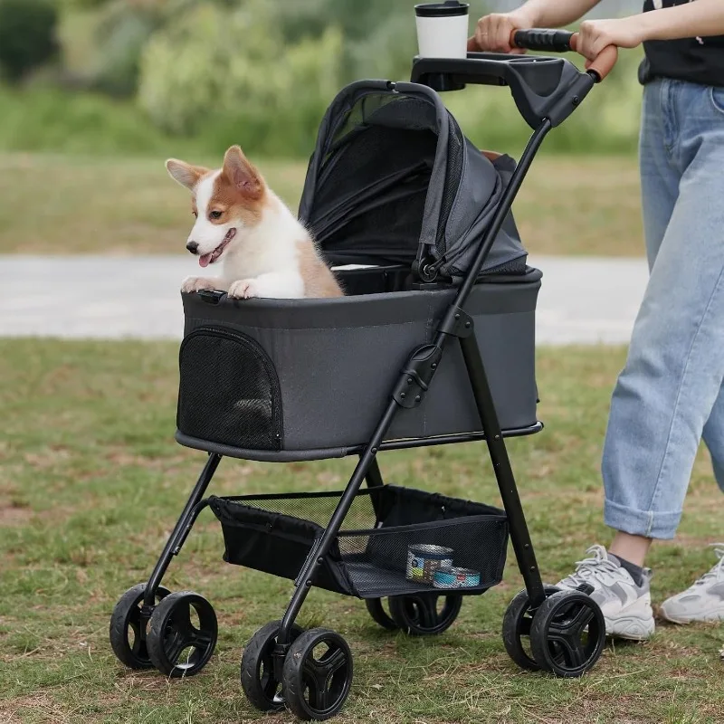 3 in 1 Folding Dog Stroller, 4 Wheels Dog/Cat Puppy Stroller w/Removable Travel Carrier for Small/Medium Pet