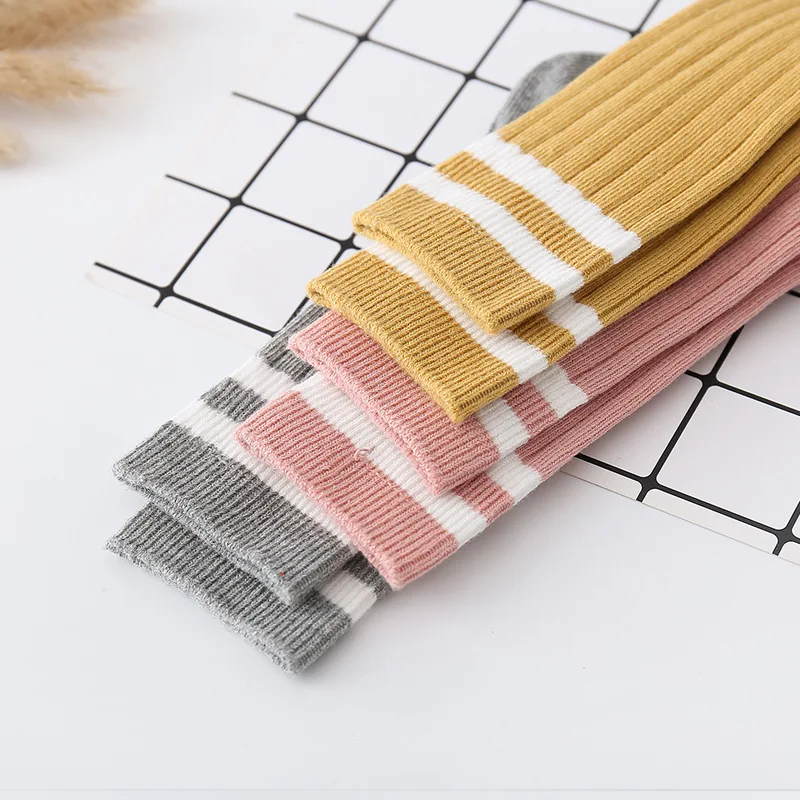 Cotton Baby Boys Girls Knee High Long Socks Classic White Stripes Solid Breathable Double Needle Children School Uniform Socks Kids Socks