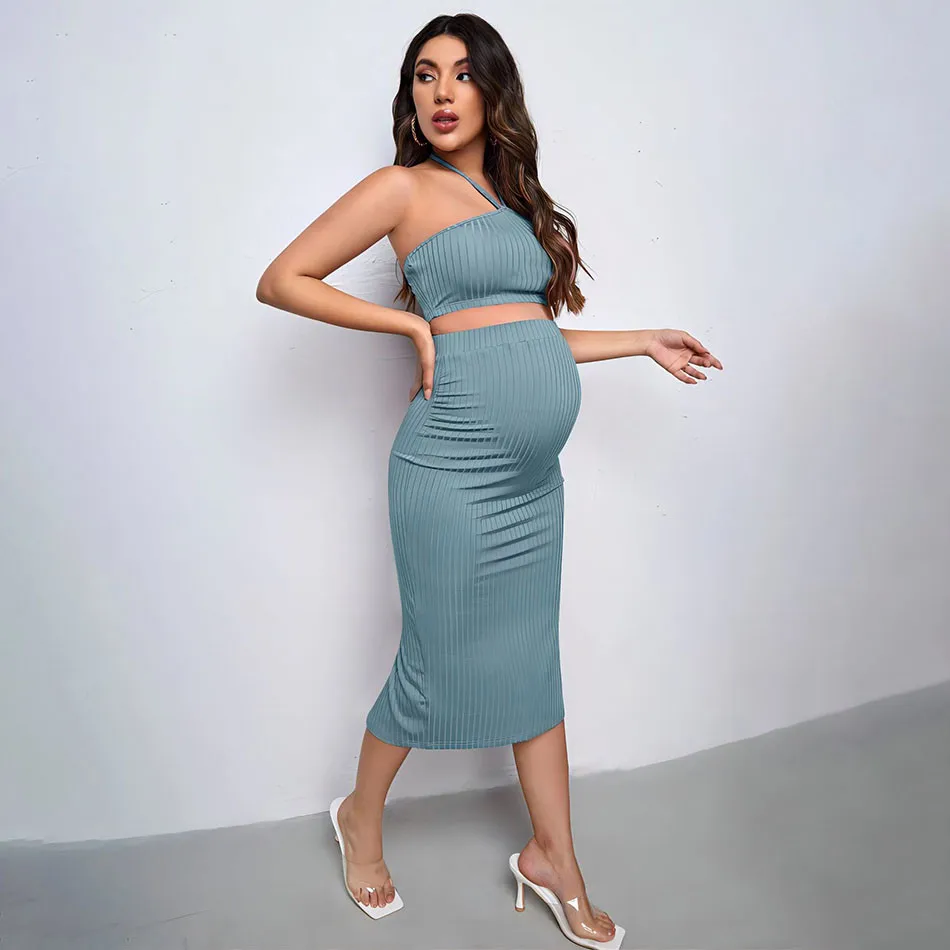 Women Maternity Sets Maternity Clothing Sets Knitted Ribbed Suspender Top Paired with Pencil Skirt Adjustable Belt and Comfortable for Pregnant Women