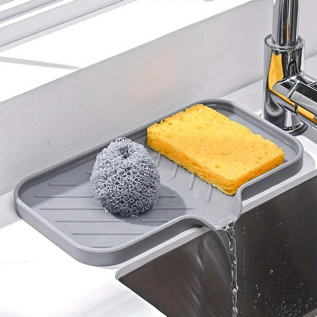 1/2pcs Kitchen Sink Silicone Tray With Drain Soap Sponge Storage Holder Countertop Sink Scrubber Brush Soap Storage Rack 3
