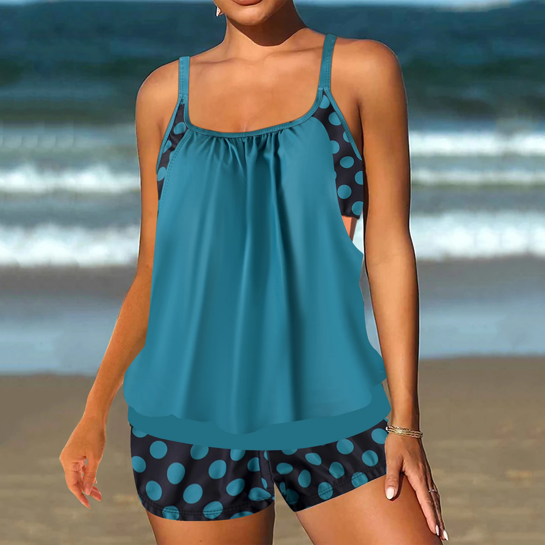 طقم تانكيني نسائي بطباعة استوائية - ملابس سباحة قابلة للتمدد وغير شفافة مع شورت عالي الخصر بيكيني ملابس شاطئ صيفية