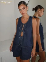 Clacive Summer Loose Blue Denim 2 Piece Sets Women Outfit 2025 Fashion Sleeveless Tank Top With High Waist Shorts Set Streetwear - Image 4