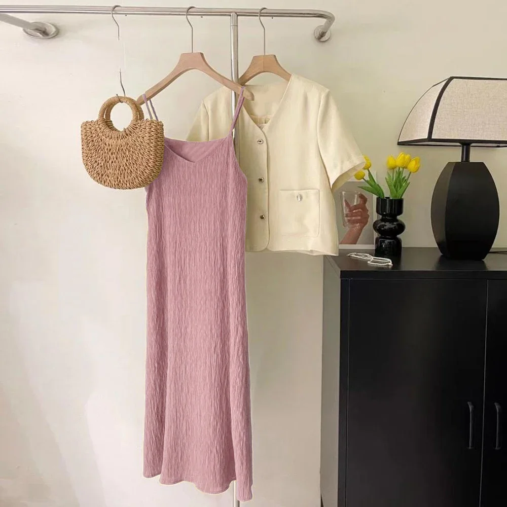 Office Lady Sleeveless Pleated Midi Dress Women Size S-XL Pink Purple White Black Casual Basic Knitted Folds Dresses Girl's 3