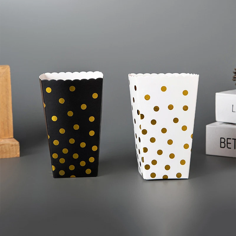 

6pcs Paper Popcorn Box Black White Popcorn Paper Box Dot Pop Corn Candy Snack Box Wedding Party Kids Birthday Favor Supplies