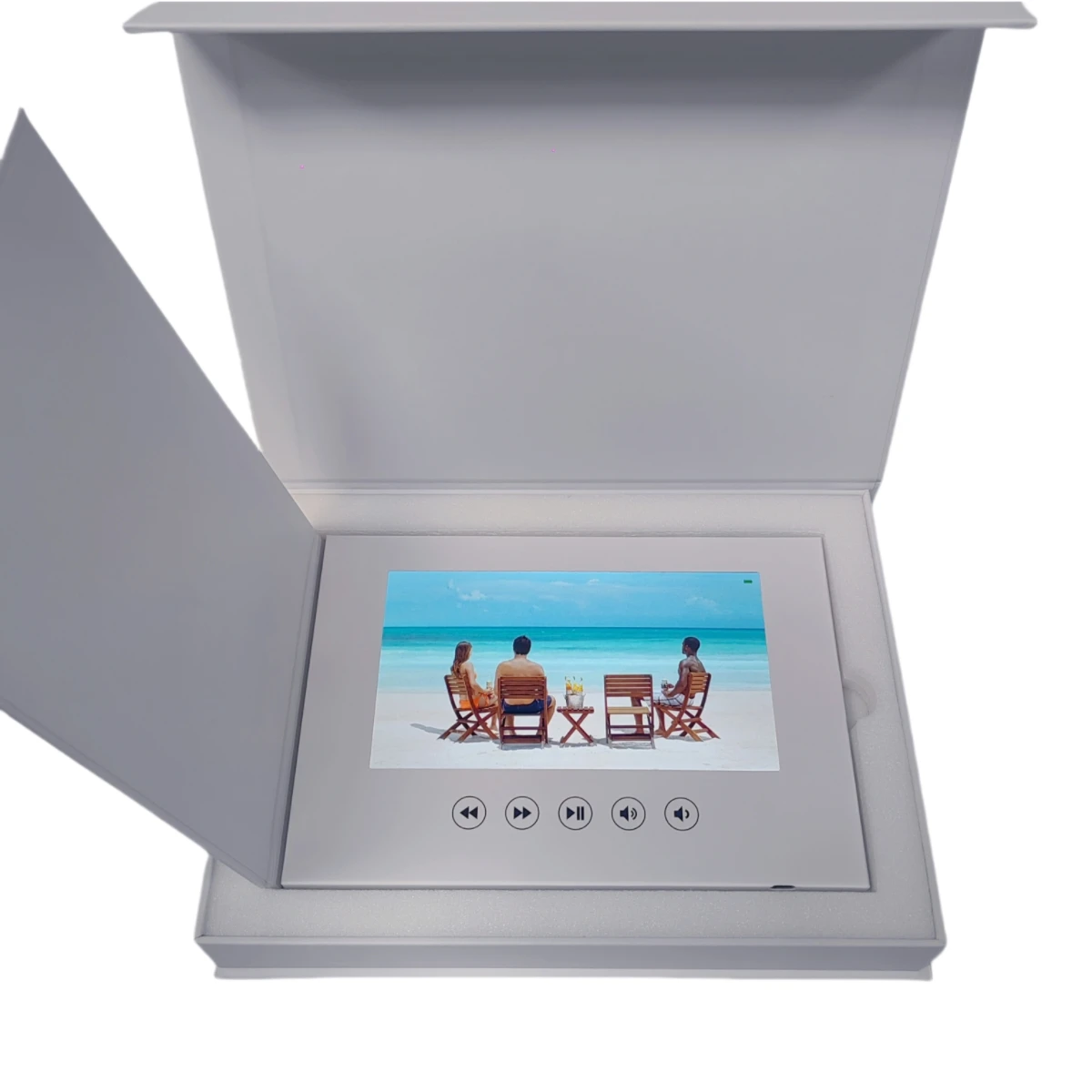 All white 7 inches hard cover video brochure with IPS screen 4G memory 2000mah battery magnet activation 5 buttons
