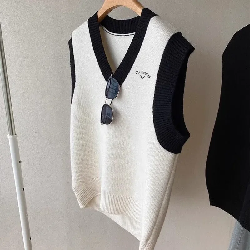 Couple Style Sleeveles Top Men's Golf Wear Autumn Korean New Golf Vest Luxury Brand V-neck Knit Vest Women's Clothing