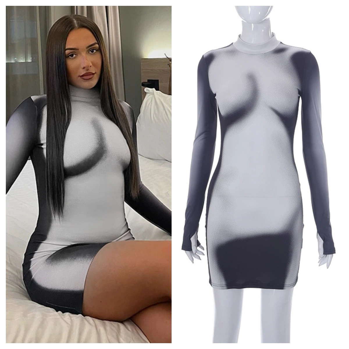 

3d Body Printed Short Dresses Y2k Streetwear Long Sleeve Mini Bodycon Dress Women Club Party African Sexy Dresses Clothes