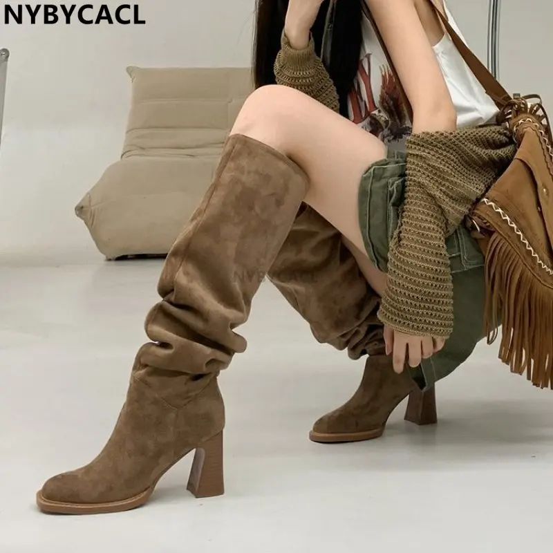 

Women Suede Knee High Boots Ladies Solid Pointed Toe Tall Boots Retro Roman High Heels Shoes 2023 Female Autumn Winter Long Boot