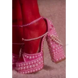 Pink Pearl Chaon Platform Pumps Back Strap Peep Toe Shoes for Women Chunky High Heels Elegant Shoes 2023 Zapatos Para Mujere