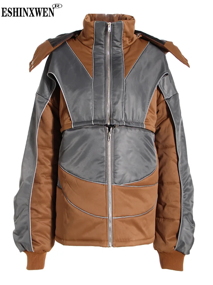 

Eshin Stand Collar Hooded Patchwork Contrast Color Zipper Long Sleeve Coats 2 Pieces For Women 2023 Winter Fashion New TH5660