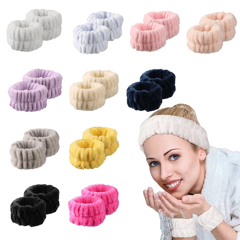

New Velvet Hairband Wristband Set Non-Slip Coral Fleece Makeup Headbands Wristband Set Girls Hair Bands Face Wash Hairband