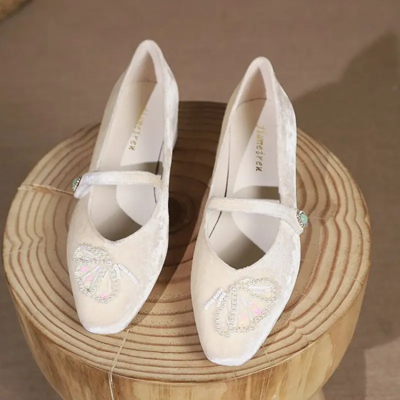 2024 Early Spring New Women Flats Round Toe Women Shoes Pearl Decor Ballet Flats Concise Soft Genuine Leather Fashion Comfort 40