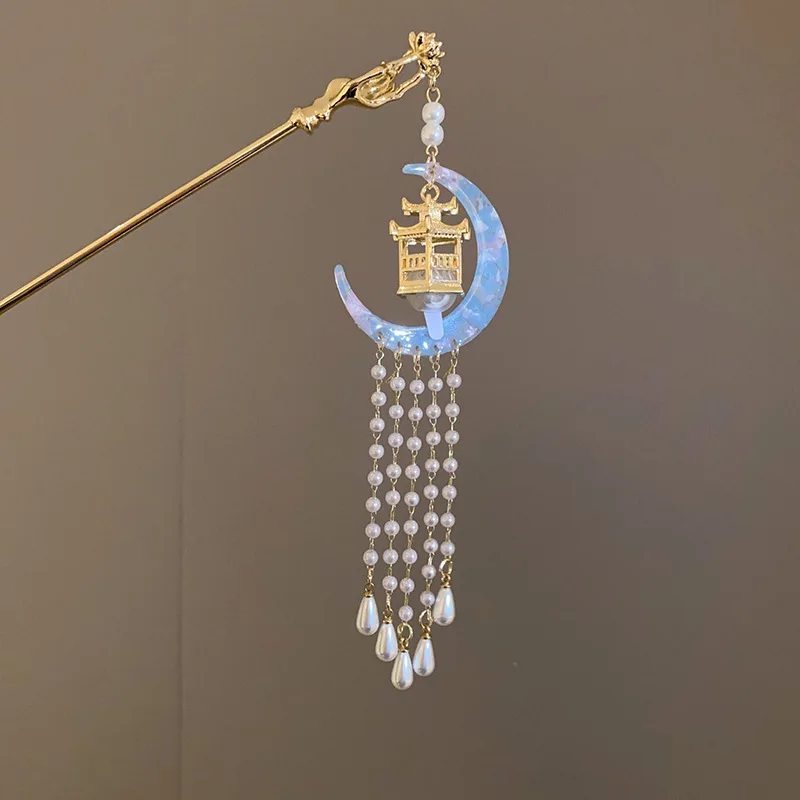 Leuchtende Laterne Mond Haarnadel für Frauen Kreative Quaste Imitation Perle Haar Stick Vintage Chinesischen Stil Metall Haar Zubehör W – Detail 7